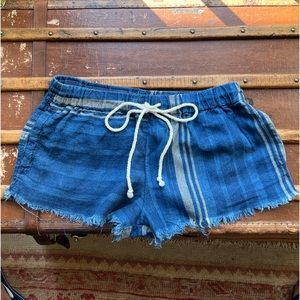 Free People Drawstring Shorts, Sz Large, Blue Plaid, Frayed Hem, 100% Linen